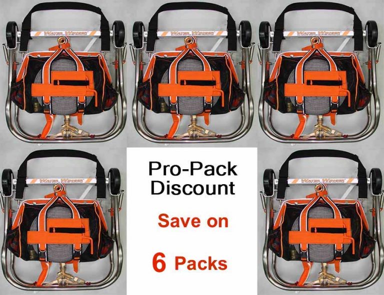 Six Water Winger no-ladder rooftop sprinkler kits folded for rapid professional deployment