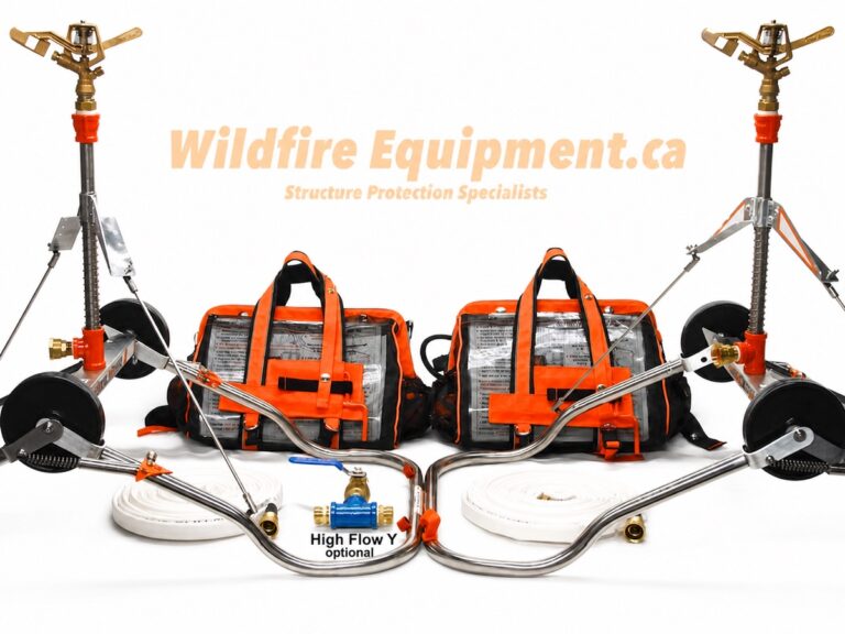 Two Water Winger rooftop wildfire sprinkler kits with hoses and storage bags on a white background