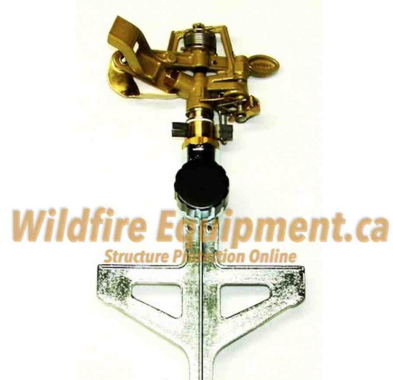 Compact wildfire ground spike sprinkler with brass impact head and metal spike base