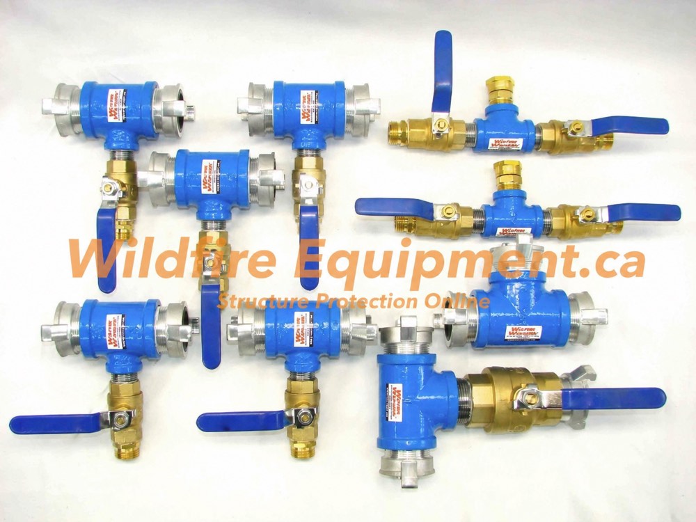 Blue 1.5-inch high-flow valves and forestry hose fittings for structure protection systems