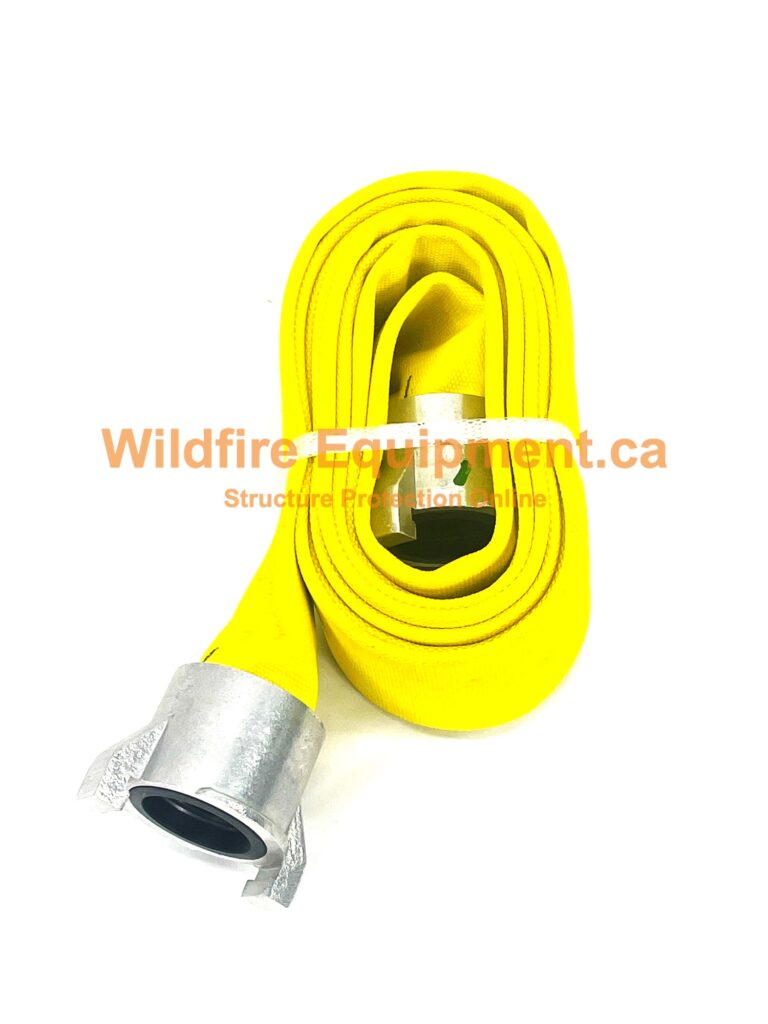 Yellow 10-foot by 1.5-inch single-jacket lay-flat fire hose with forestry twist-lock couplers — product view 2 of 2