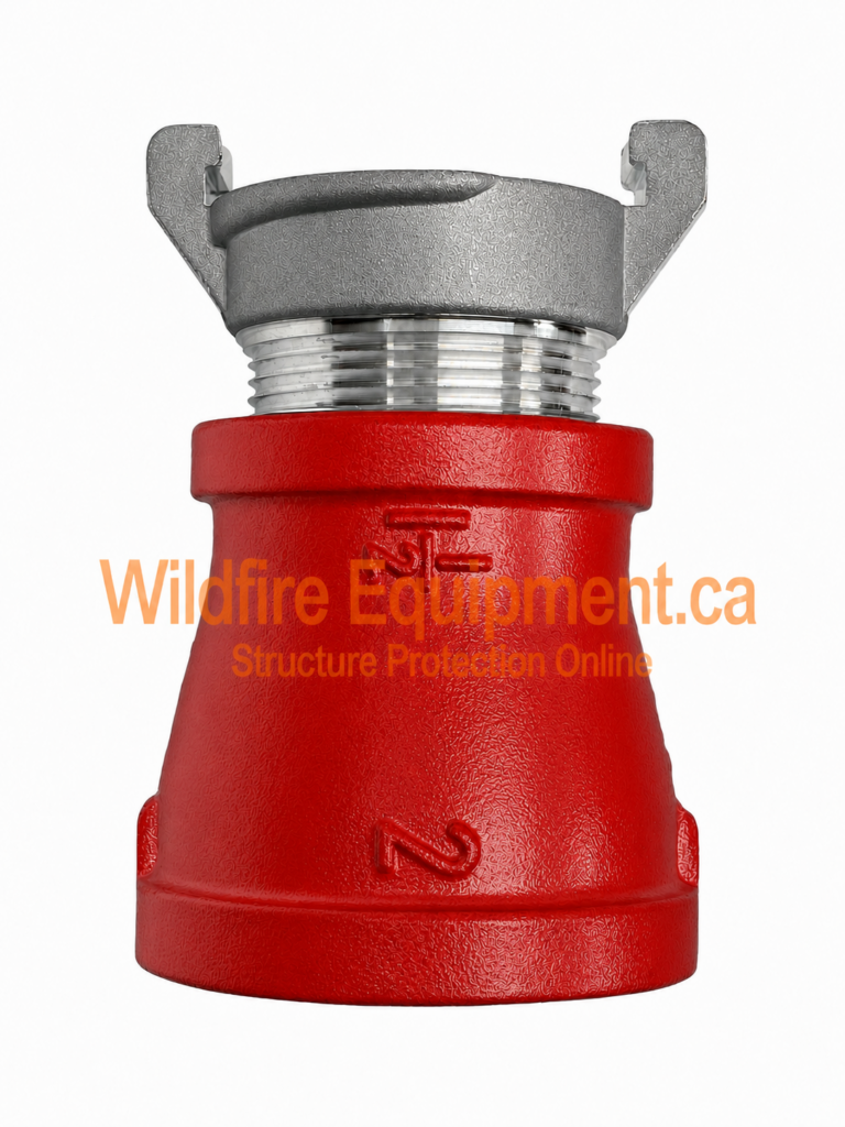 Red powder-coated 2-inch NPT to 1.5-inch forestry twist-lock adaptor