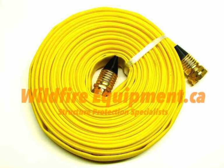Yellow lay-flat wildfire protection hose with garden hose ends