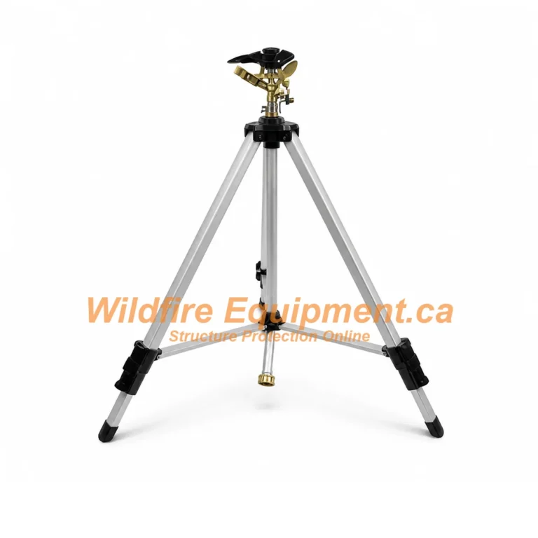 Adjustable impact tripod sprinkler for wildfire structure protection