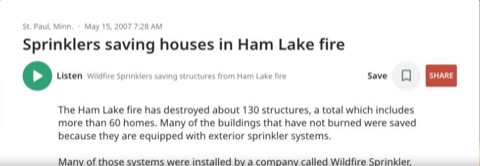 News story about rooftop sprinklers helping protect a home during wildfire