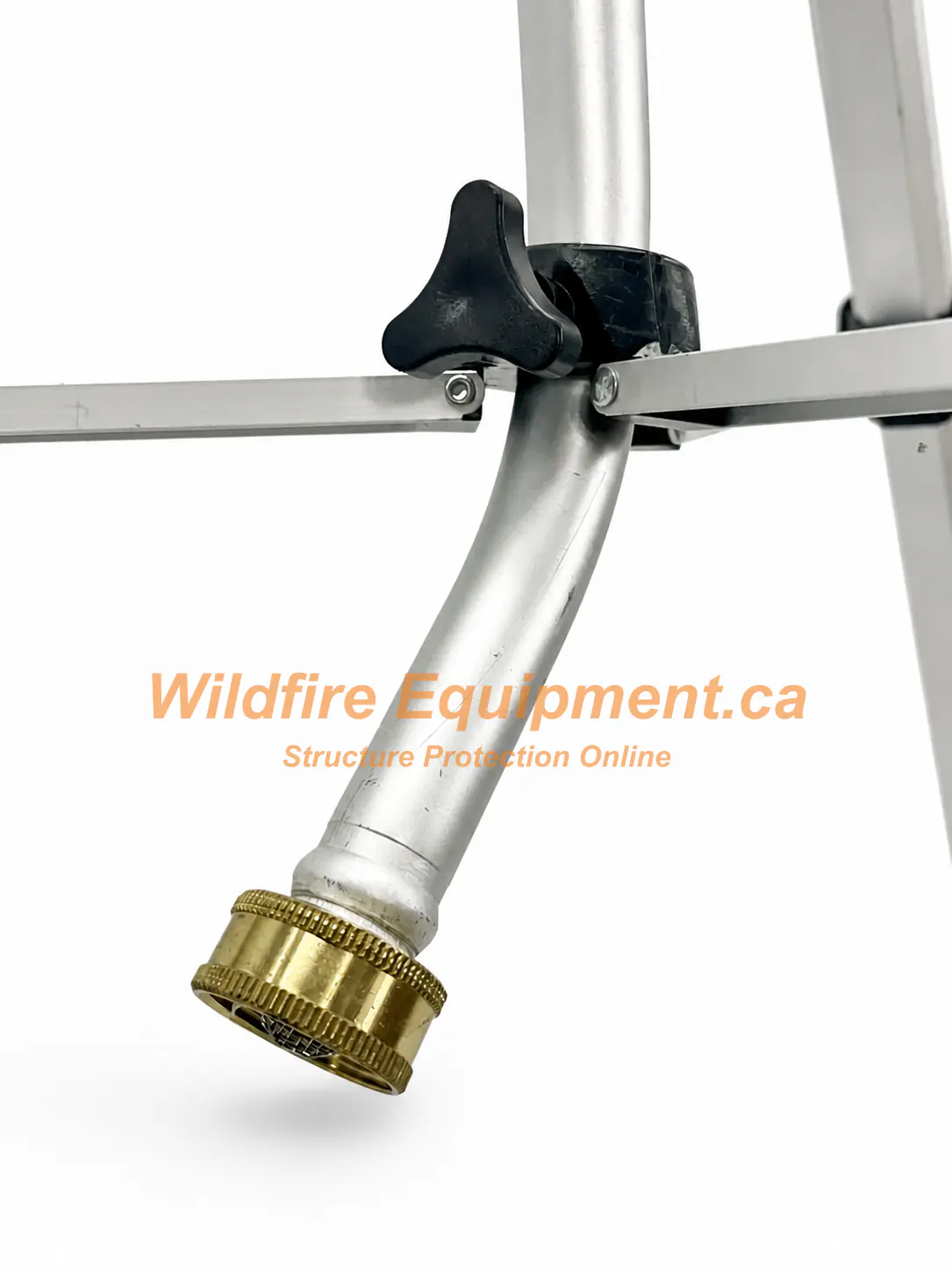 Close view of the tripod sprinkler adjustment knob support braces and brass hose fitting