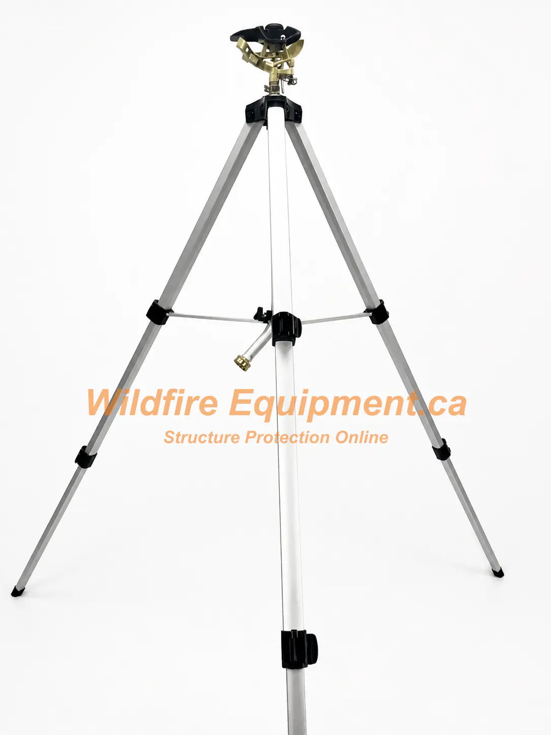 Adjustable 26 to 48 inch impact tripod sprinkler fully extended on a white background