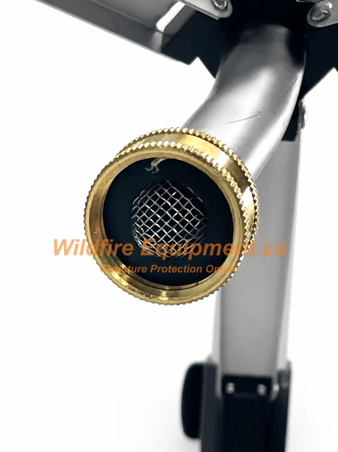 Close view of the adjustable tripod sprinkler brass screened hose inlet