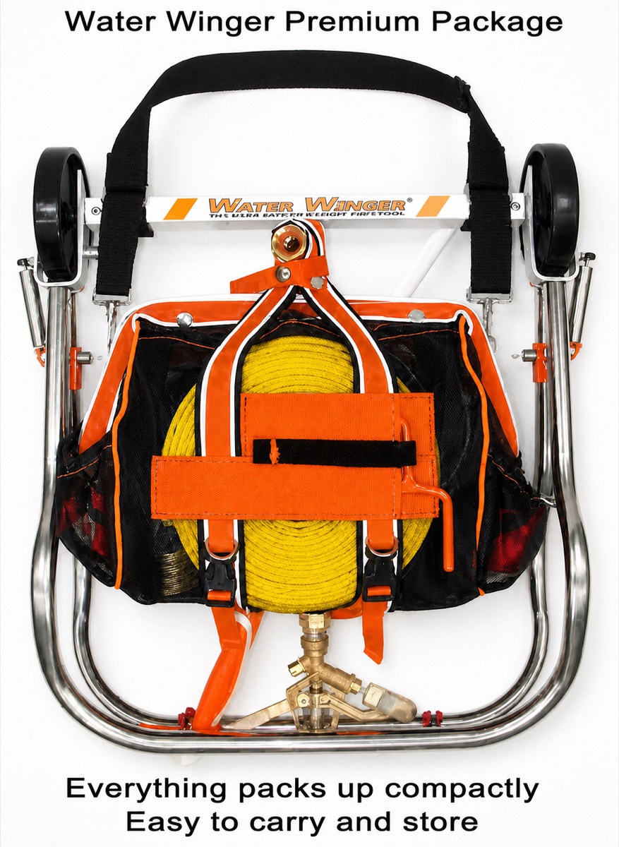Folded Water Winger rooftop sprinkler kit prepared for storage