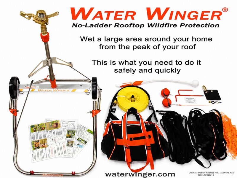 Complete Water Winger premium rooftop wildfire sprinkler package with yellow hose