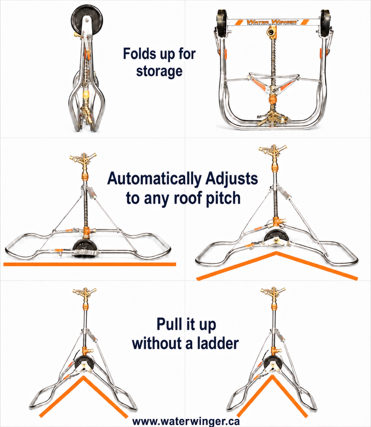 Water Winger folded, opened and automatically adjusted to several roof pitches