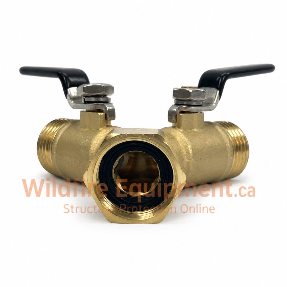 1/2-inch brass full-port Y with two black shutoff handles