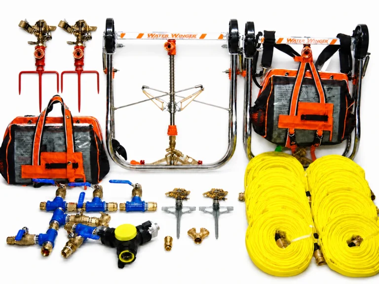 Large Home Level 2 structure protection package with two Water Wingers, yellow hoses, red half-inch ground spike sprinklers and fittings
