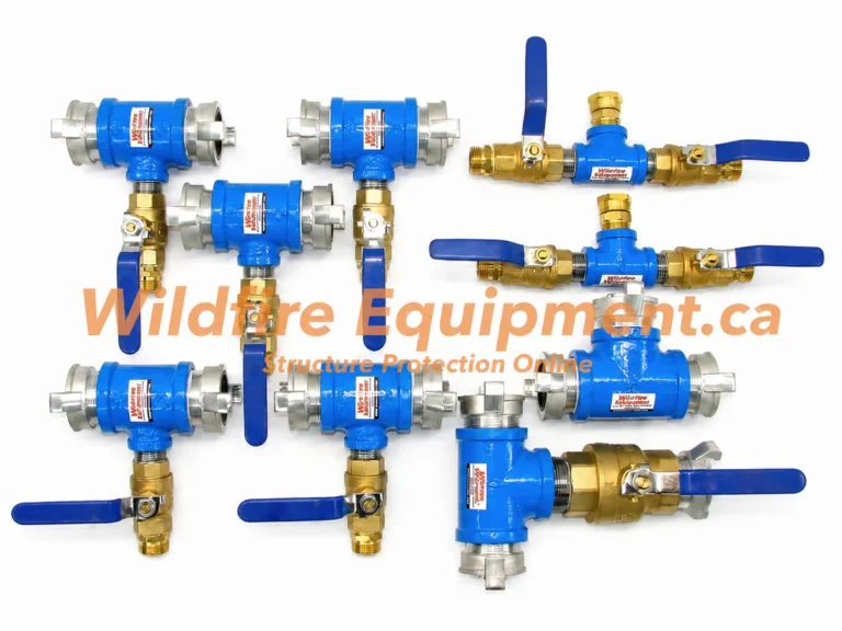 Blue 1.5-inch high-flow valves and forestry hose fittings for the Level 3 Max structure protection system