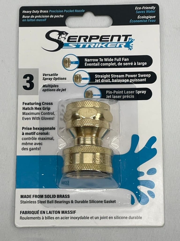 Mini Brass Fire Nozzle retail package front with three spray options