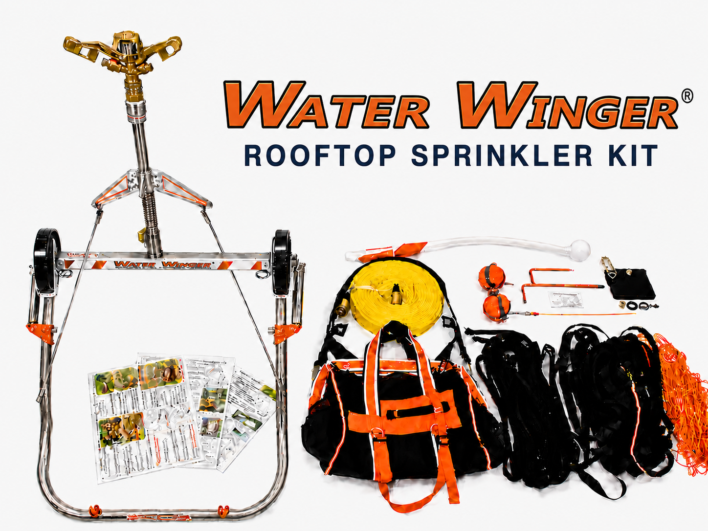 Complete Water Winger rooftop sprinkler kit with stainless fittings and deployment accessories