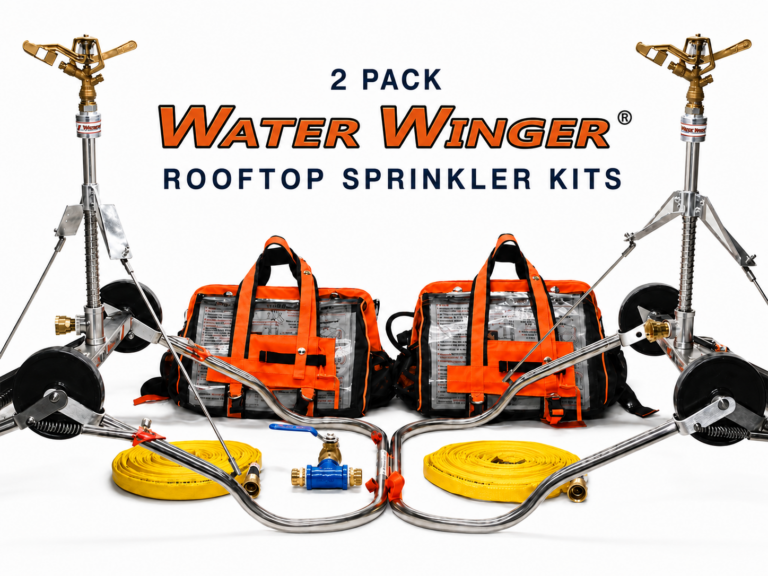 Two Water Winger rooftop sprinkler kits with stainless fittings, hoses and deployment bags